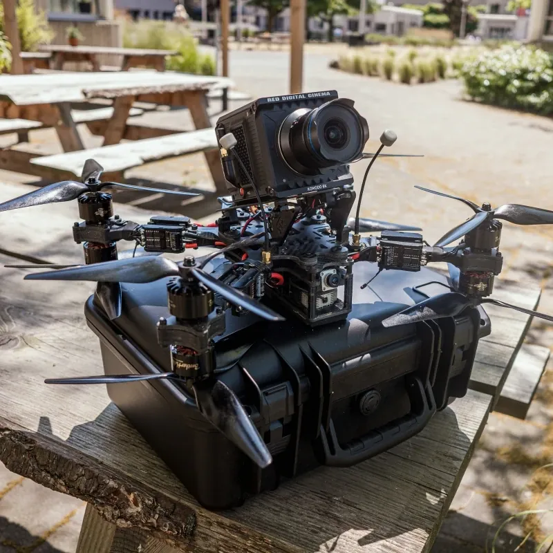 Heavy-lift FPV drone carrying a cinema camera