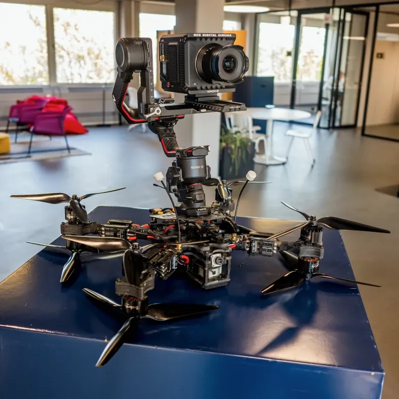 FPV drone with a gimbal-mounted cinema camera