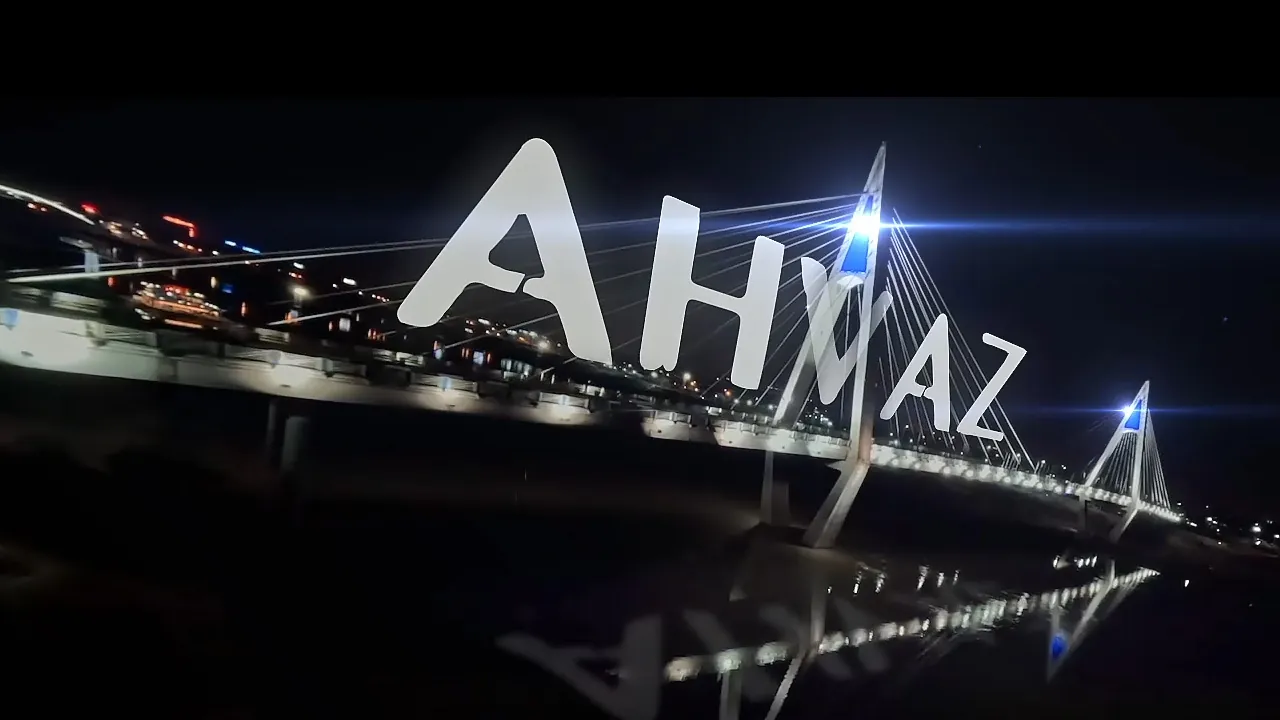 Night FPV shot of the illuminated cable bridge in Ahvaz
